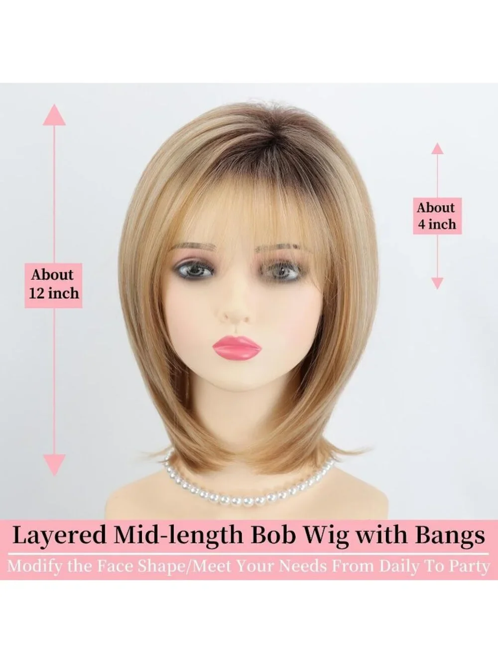Women's Blonde Highlight 12 Inch Mid Length  Synthetic Straight Layered Bob Wigs